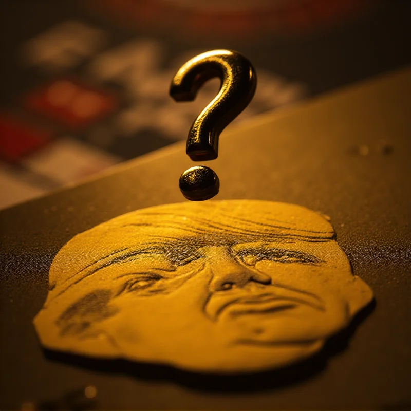 A close-up of a golden credit card with Donald Trump's face embossed on it, with a question mark floating above it. The background is a blurred image of a casino or rewards program display.