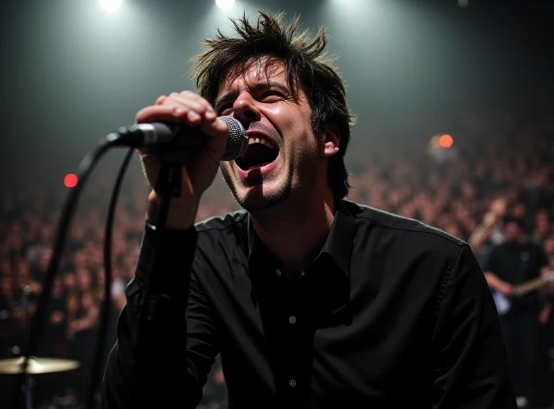 Billie Joe Armstrong performing on stage with Green Day, shouting into a microphone.
