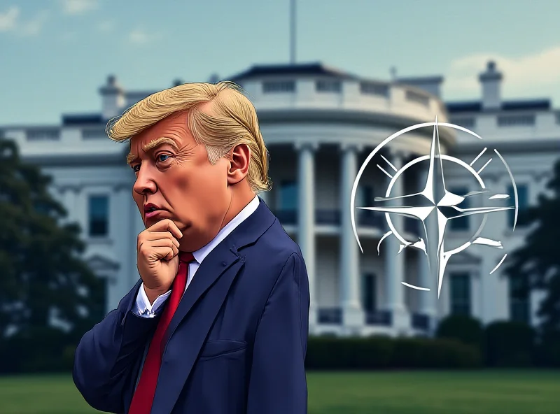 Illustration of Donald Trump standing next to the NATO logo, looking pensive.