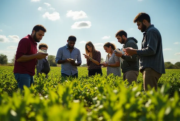 A group of students working in a field on a sunny day.