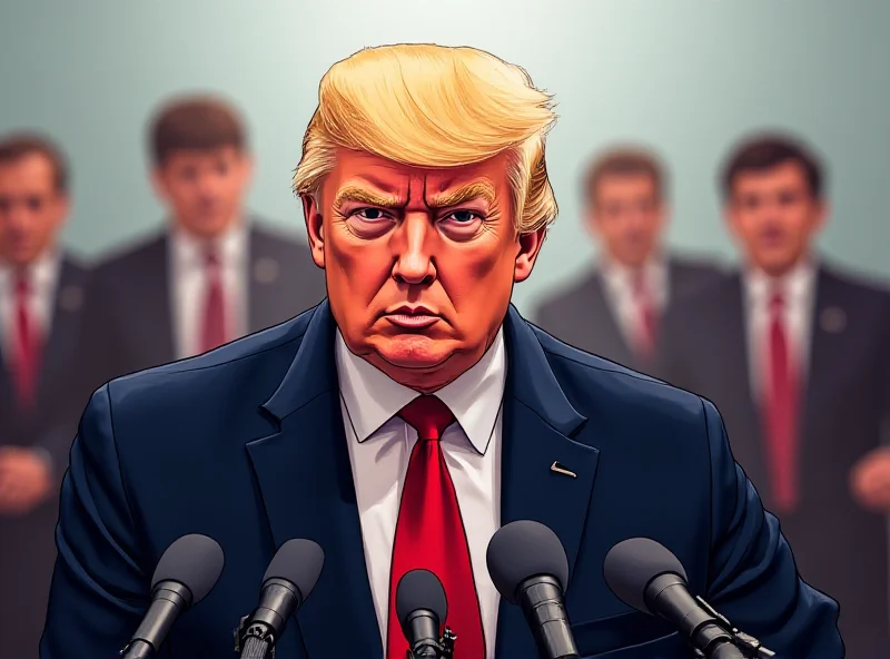 Illustration of Donald Trump at a press conference, with microphones and reporters visible.