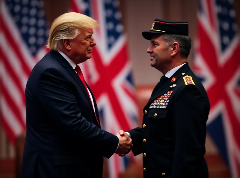 Donald Trump shaking hands with a British soldier. American and British flags in the background.