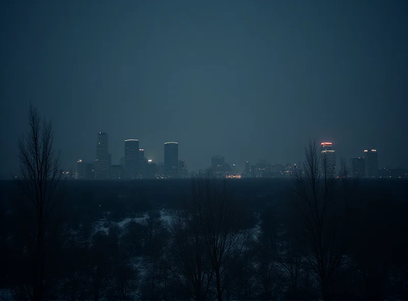A Ukrainian city skyline at night, almost completely dark except for a few scattered lights.