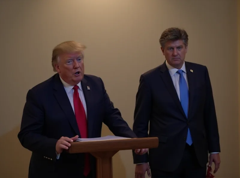 Donald Trump giving a press conference with Keir Starmer in the background.