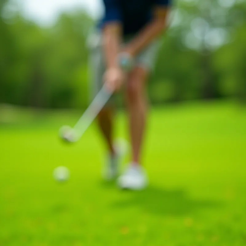 A close-up shot of a person's legs while playing golf, focusing on the stance and swing.