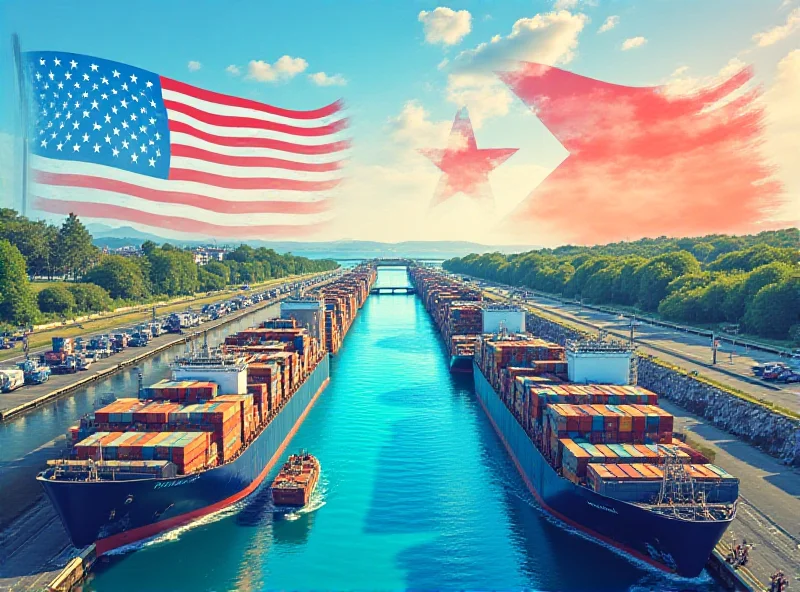 Illustration of the Panama Canal with a subtle overlay of the US and Panamanian flags, symbolizing the complex relationship.