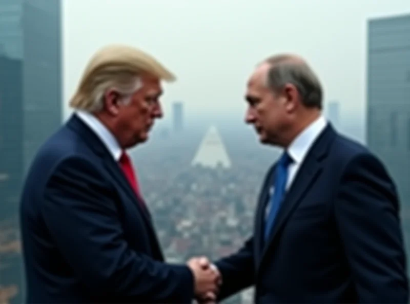 Illustration of Trump and Putin shaking hands with a cityscape in the background.