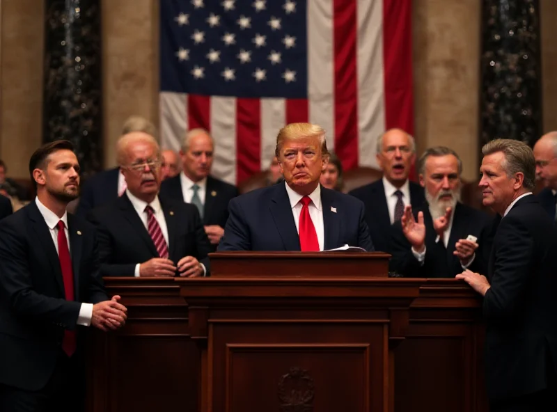 Scene inside the US Congress chamber during a speech, with Democrats looking displeased and Republicans cheering. The US flag is visible in the background.