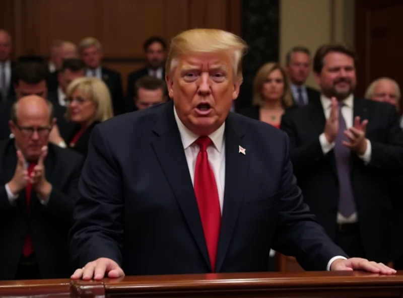 Donald Trump delivering a speech to Congress, with visible reactions of disapproval and walkouts among the audience.