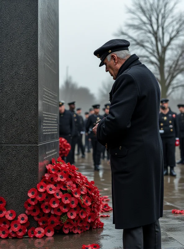 A respectful and somber scene depicting a wreath laying ceremony at a war memorial in the UK, symbolizing Keir Starmer's tribute to the British war dead.
