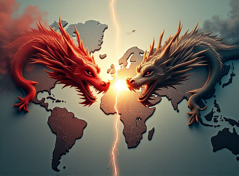 A stylized image representing the trade war between the US and China, with two dragons (one representing China and one representing the US) facing off across a map of the world.