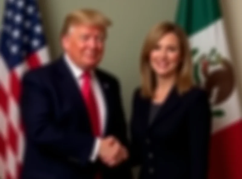 Donald Trump shaking hands with Claudia Sheinbaum in front of US and Mexican flags.