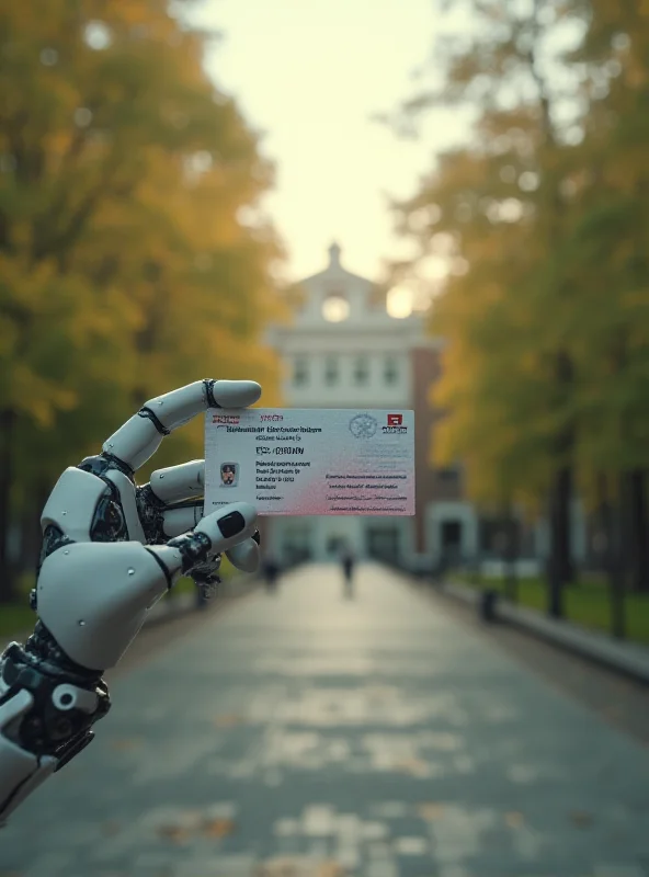 An AI robot hand holding a student visa. The background is a blurred image of a university campus.