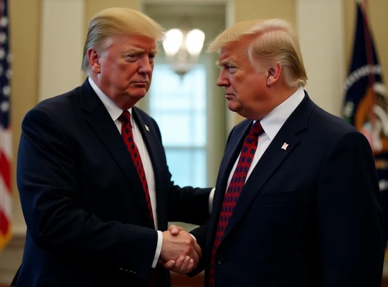 Volodymyr Zelensky and Donald Trump shaking hands at the White House. Zelensky is wearing a military-style outfit.