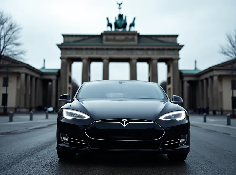 Tesla car parked in front of the Brandenburg Gate in Berlin, looking forlorn