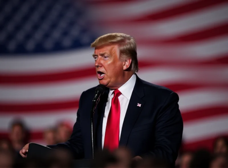 Donald Trump speaking at a rally with an American flag in the background.