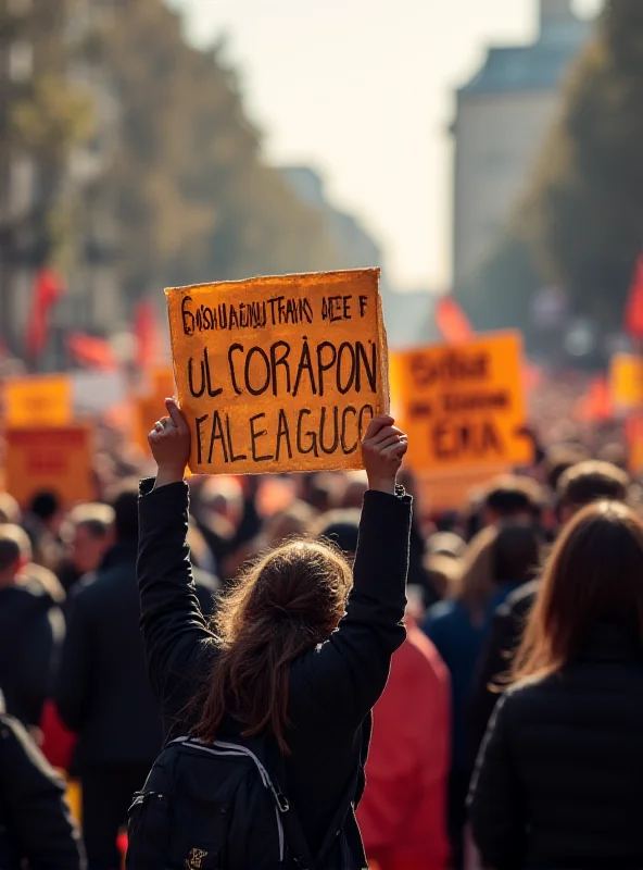 A group of people protesting with signs in Spanish, blurred in the background.