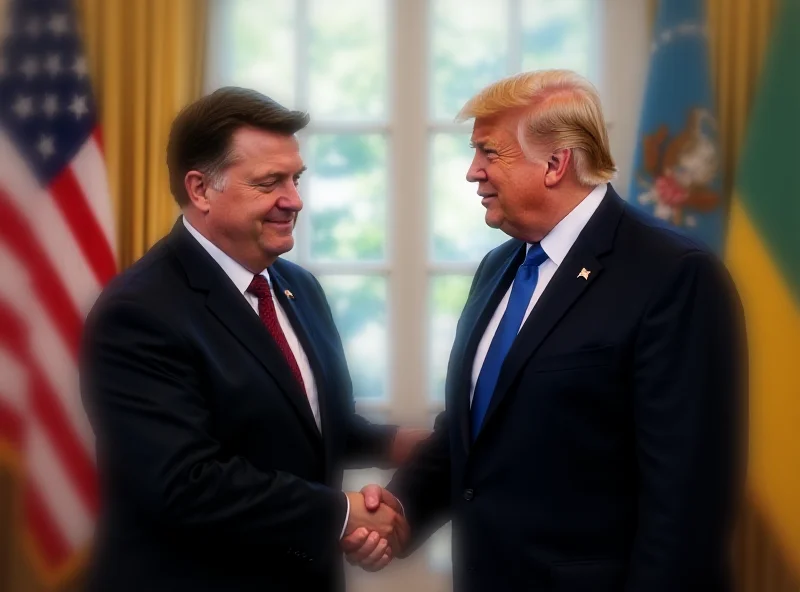 Donald Trump shaking hands with Volodymyr Zelenskyy in front of flags.