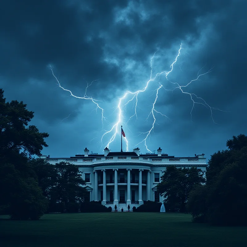 A digital illustration depicting the White House with storm clouds gathering overhead, symbolizing political turmoil.