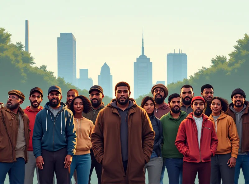 Image depicting a diverse group of people standing in front of a city skyline, representing a 'sanctuary city' environment.