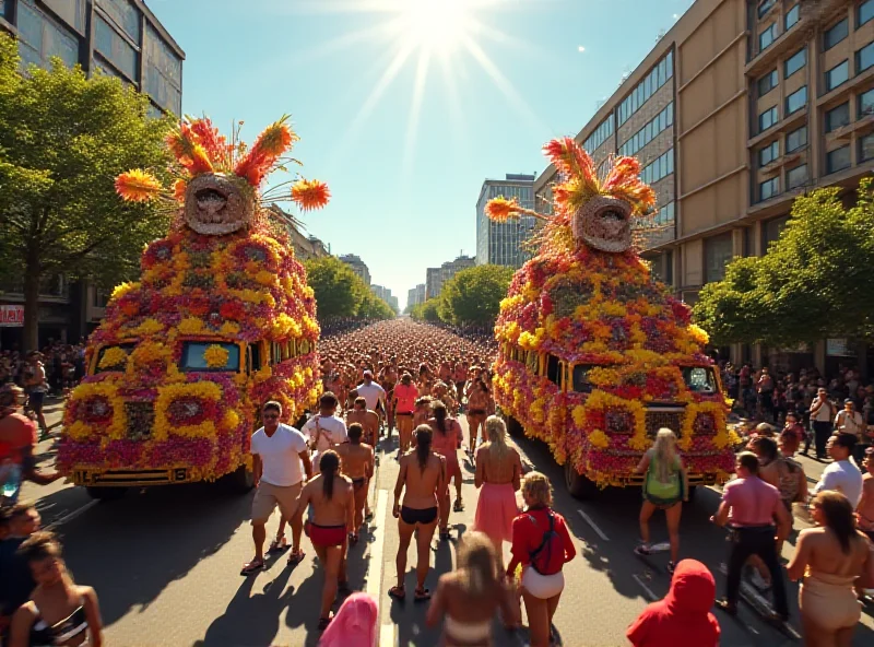 A vibrant and colorful Carnival parade with elaborate floats and costumed dancers in the streets of Rio de Janeiro.