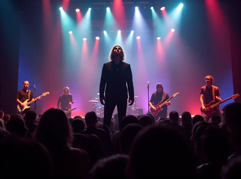 A concert scene with Green Day performing on stage, a spotlight on the lead singer