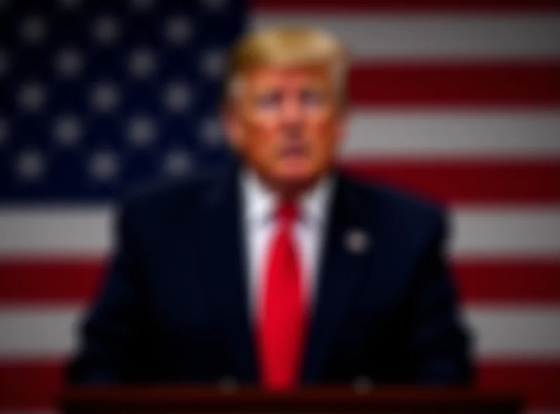 Donald Trump speaking at a podium with an American flag in the background