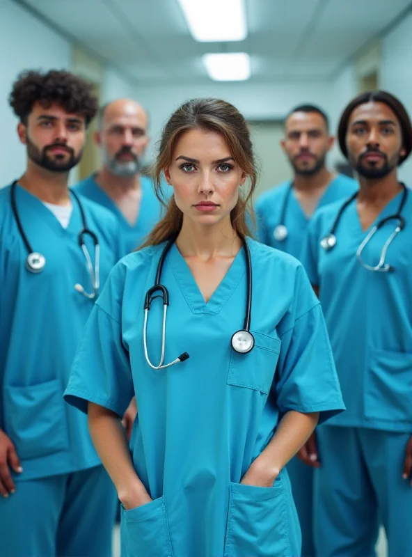 A group of medical professionals wearing scrubs and stethoscopes looking concerned