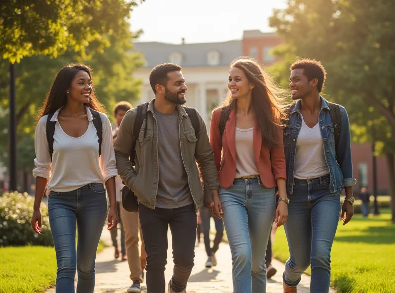 A group of diverse students walking on a university campus.
