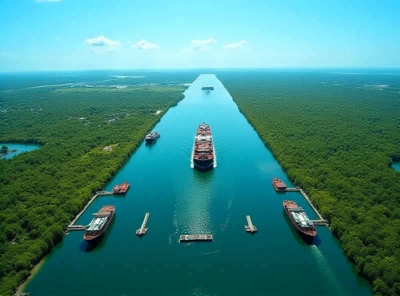 Aerial view of the Panama Canal with cargo ships.