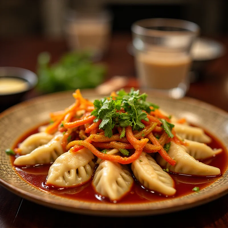 Close-up shot of delicious, traditional Chinese food in a restaurant setting.