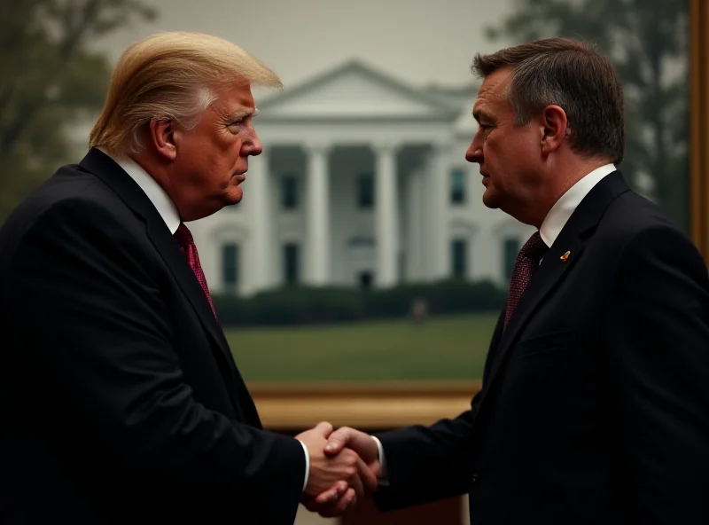 Donald Trump and Volodymyr Zelenskyy shaking hands with strained expressions