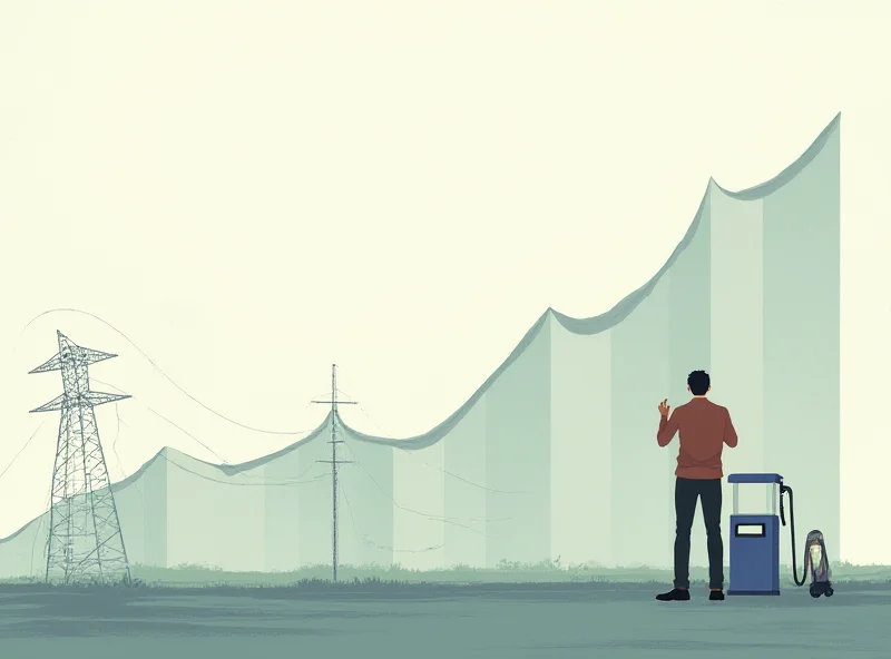 Illustration of rising energy prices with a graph showing an upward trend and a worried person looking at it.
