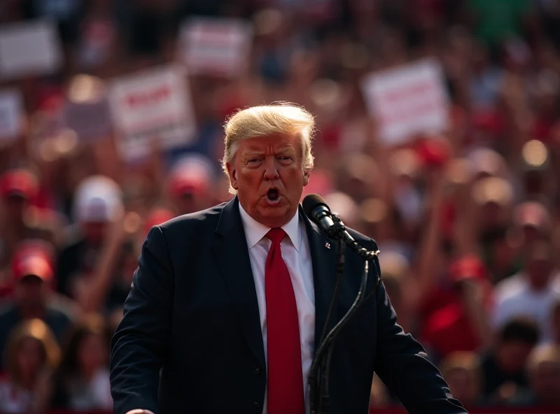 Donald Trump giving a speech at a rally, with a crowd of supporters in the background