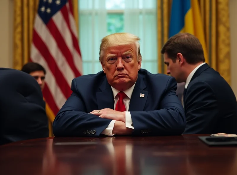 Donald Trump and Volodymyr Zelensky sitting across from each other at a long table, both looking tense and unhappy, in the Oval Office. American and Ukrainian flags are visible in the background.