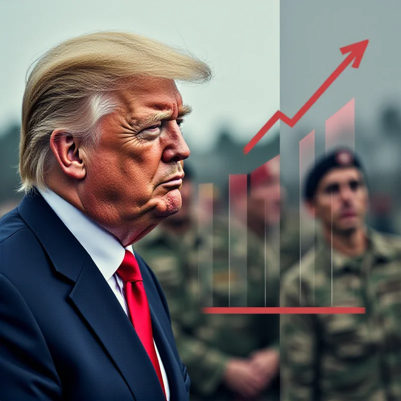 A split image showing Donald Trump on one side and a graph illustrating rising defense spending on the other. The background is a blurred image of military personnel.