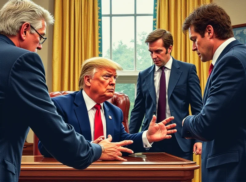 Illustration of a tense meeting in the Oval Office between Trump and Zelensky, with JD Vance present.