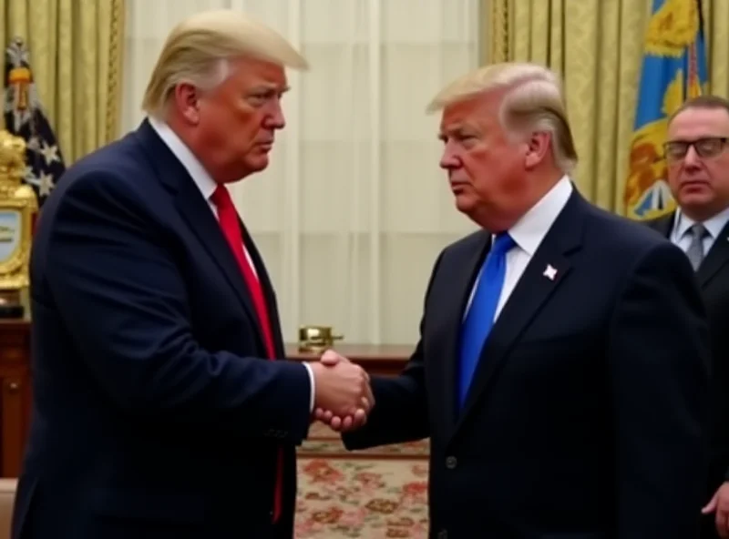 Donald Trump and Volodymyr Zelenskyy shaking hands in a tense manner at the White House.
