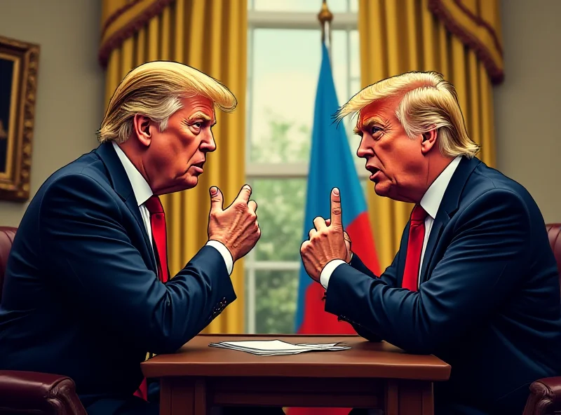Illustration of Trump and Zelenskyy arguing in the Oval Office, with a subtle Russian flag in the background.