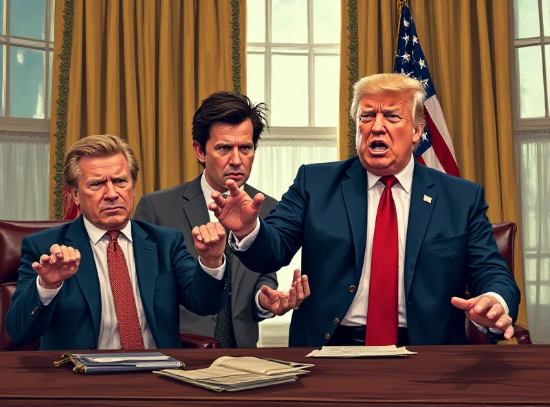 Illustration of a tense meeting in the Oval Office with Trump, Zelensky, and Vance