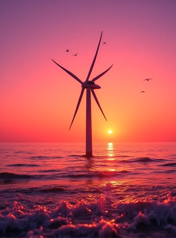 A black offshore wind turbine silhouetted against a sunset sky