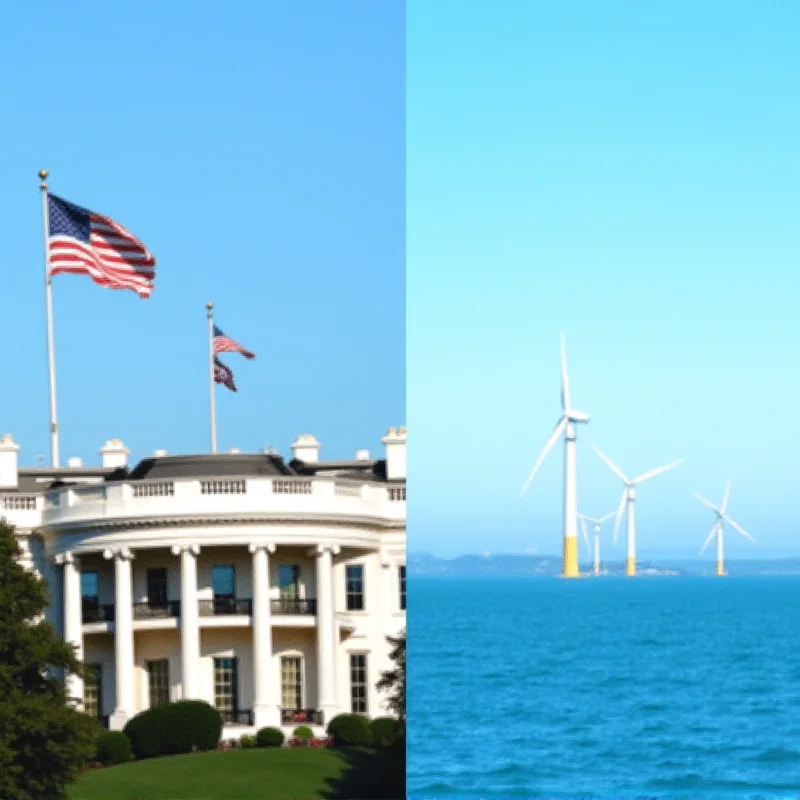 A split image showing the White House and an offshore wind farm