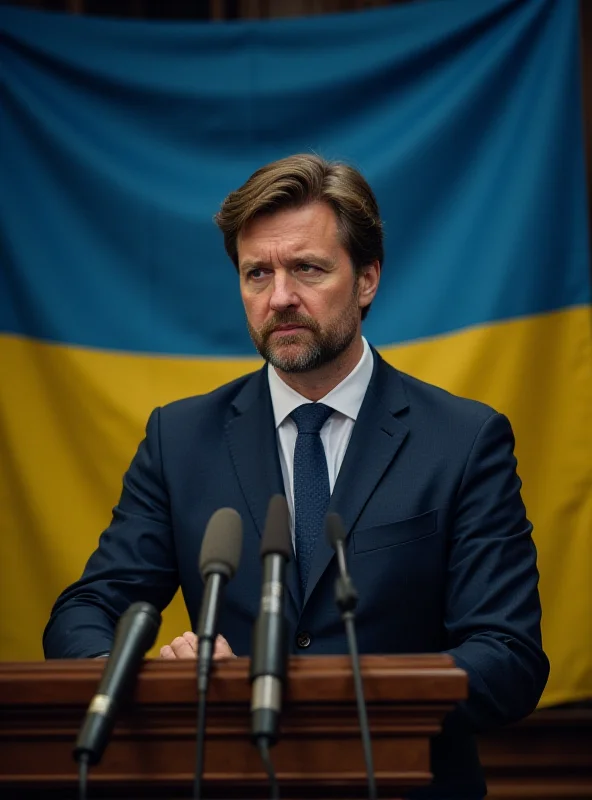 Volodymyr Zelenskyy looking concerned during a press conference, with the Ukrainian flag behind him.