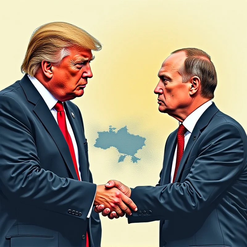 An illustration of Donald Trump and Vladimir Putin shaking hands, with Ukraine in the background.