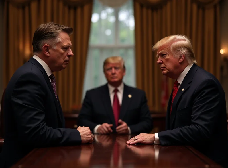 Donald Trump and Volodymyr Zelenskyy standing on opposite sides of a table, looking tense and angry.