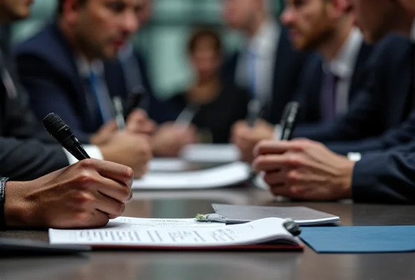 A close-up shot of journalists taking notes at a press conference, with microphones in the foreground.