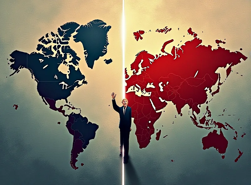 Illustration of a divided world map, one side representing the USA and the other Russia, both influenced by a figure resembling Donald Trump. The map should have a stark contrast between the two sides.