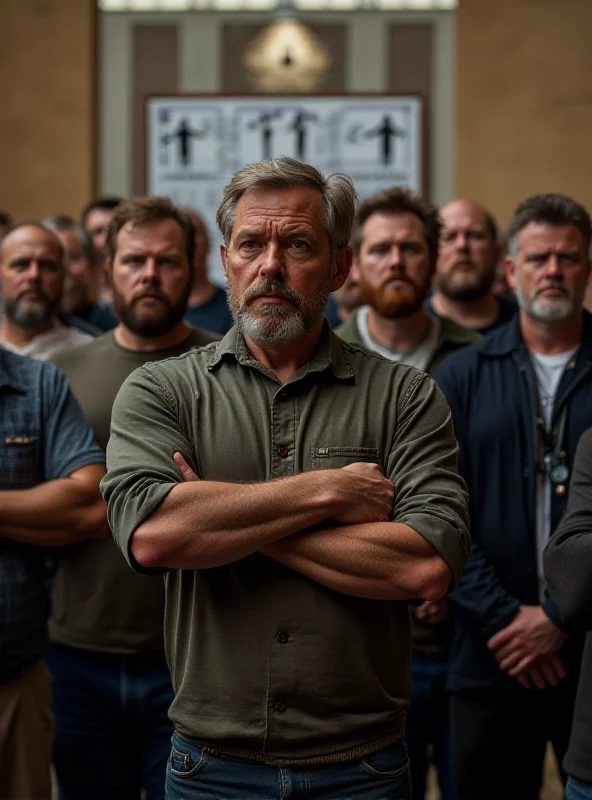 A diverse group of men standing together, arms linked, looking determined. They are in a university setting, and in the background, there are posters advocating for gender equality. The scene should convey solidarity and commitment to challenging misogyny.