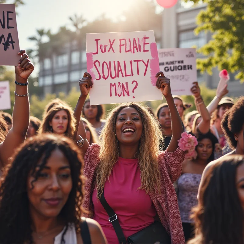 A protest scene with diverse group of people holding signs advocating for gender equality and an end to misogyny. The signs have slogans like 'End Violence Against Women' and 'Equality Now.' The atmosphere is energetic and determined.