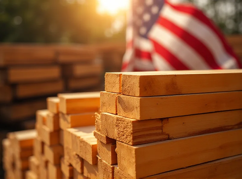 A stack of lumber with the American flag waving in the background.